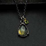 Labradorite pendant necklace in silver bezel and prongs setting with square green tourmaline gemstone