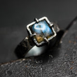 Mystical Square Labradorite Ring  Sterling Silver Hammered Band