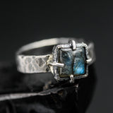 Mystical Square Labradorite Ring  Sterling Silver Hammered Band