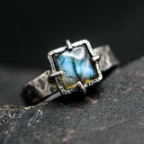 Mystical Square Labradorite Ring  Sterling Silver Hammered Band