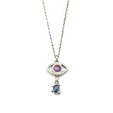 Silver Evil eyes pendant necklace with pink sapphire and blue kyanite gemstone on sterling silver chain