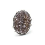 Brown Brazilian druzy ring in silver bezel and prongs setting with sterling silver band