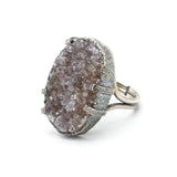 Brown Brazilian druzy ring in silver bezel and prongs setting with sterling silver band