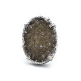 Dark brown Brazilian druzy ring in silver bezel and prongs setting with sterling silver band