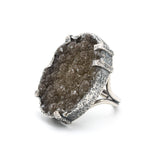 Dark brown Brazilian druzy ring in silver bezel and prongs setting with sterling silver band