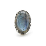 Natural blue Labradorite cocktail ring in silver bezel and prongs setting with sterling silver band