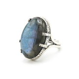 Natural blue Labradorite cocktail ring in silver bezel and prongs setting with sterling silver band