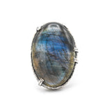 Oval cabochon blue Labradorite cocktail ring in silver bezel and prongs setting with sterling silver band