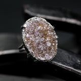 Brown Brazilian druzy ring in silver bezel and prongs setting with sterling silver band