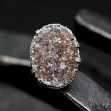 Brown Brazilian druzy ring in silver bezel and prongs setting with sterling silver band