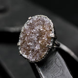 Brown Brazilian druzy ring in silver bezel and prongs setting with sterling silver band