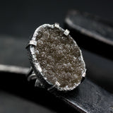 Dark brown Brazilian druzy ring in silver bezel and prongs setting with sterling silver band