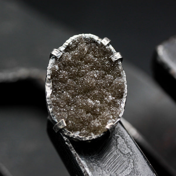 Dark brown Brazilian druzy ring in silver bezel and prongs setting with sterling silver band