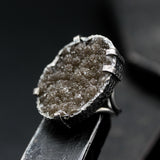 Dark brown Brazilian druzy ring in silver bezel and prongs setting with sterling silver band