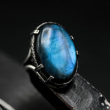 Natural blue Labradorite cocktail ring in silver bezel and prongs setting with sterling silver band