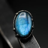 Natural blue Labradorite cocktail ring in silver bezel and prongs setting with sterling silver band