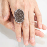 Dark brown Brazilian druzy ring in silver bezel and prongs setting with sterling silver band