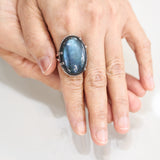 Natural blue Labradorite cocktail ring in silver bezel and prongs setting with sterling silver band