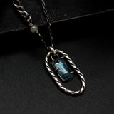 Rectangle faceted paraiba kyanite pendant necklace with silver oval loop on sterling silver chain