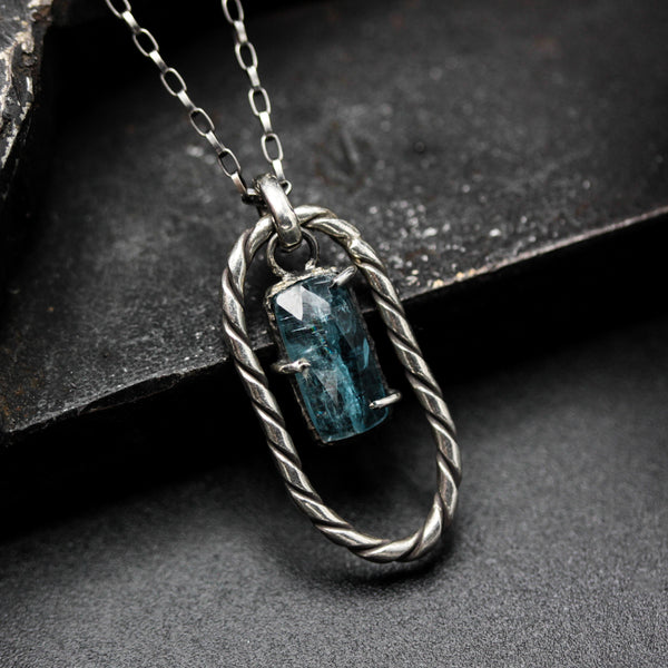 Rectangle faceted paraiba kyanite pendant necklace with silver oval loop on sterling silver chain