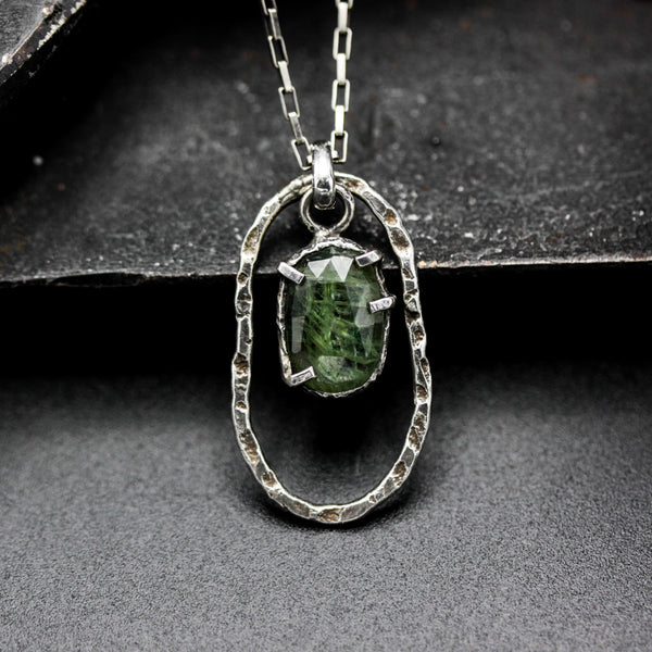 Oval faceted Green kyanite pendant necklace with silver oval loop on sterling silver chain