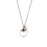 Round Amethyst gemstone necklace in silver bezel setting with silver heart shape and oxidized sterling silver chain