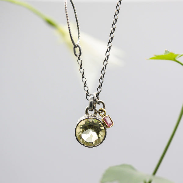 Round faceted Lemon quartz pendant necklace with multi sapphire on oxidized sterling silver chain