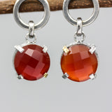 Round faceted Carnelian earrings in silver bezel and prongs setting with circle loop on sterling silver stud style