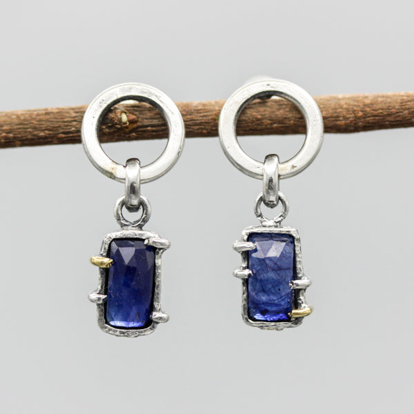 Rectangle faceted Blue Kyanite earrings in silver bezel and prongs setting with circle loop on sterling silver stud style