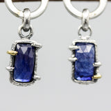 Rectangle faceted Blue Kyanite earrings in silver bezel and prongs setting with circle loop on sterling silver stud style