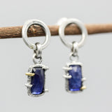 Rectangle faceted Blue Kyanite earrings in silver bezel and prongs setting with circle loop on sterling silver stud style