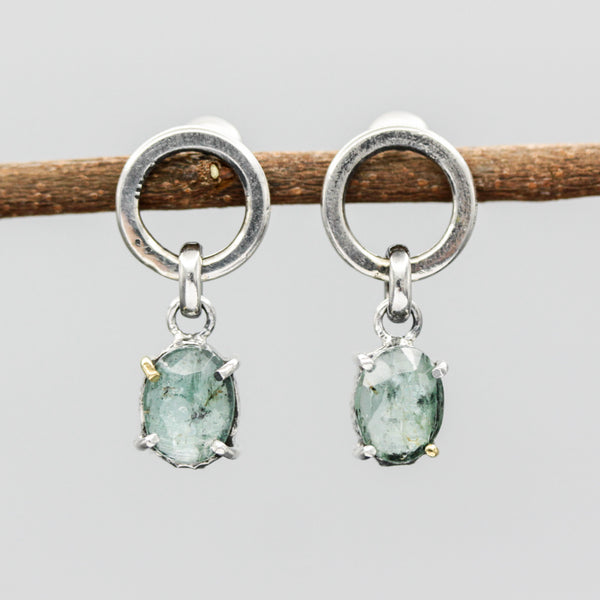 Oval faceted Mint Kyanite earrings in silver bezel and prongs setting with circle loop on sterling silver stud style