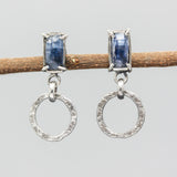 Rectangle Blue Kyanite earrings in silver bezel and prongs setting with circle loop on sterling silver stud style