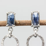 Rectangle Blue Kyanite earrings in silver bezel and prongs setting with circle loop on sterling silver stud style