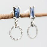 Rectangle Blue Kyanite earrings in silver bezel and prongs setting with circle loop on sterling silver stud style