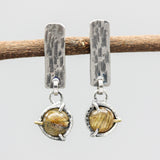 Round Rutilated quartz earrings and silver bar with textured on sterling silver stud style