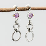 Earrings faceted Pink Sapphire in silver bezel and prongs setting with silver double circle loop on sterling silver post and backing