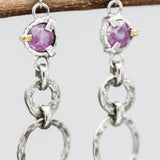 Earrings faceted Pink Sapphire in silver bezel and prongs setting with silver double circle loop on sterling silver post and backing