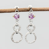 Earrings faceted Pink Sapphire in silver bezel and prongs setting with silver double circle loop on sterling silver post and backing