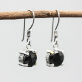 Round faceted black onyx earrings in silver bezel and prongs setting on sterling silver hooks style