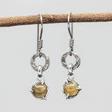 Rutilated quartz earrings in silver bezel and prongs setting with silver texture circle loop on hooks style