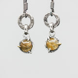 Rutilated quartz earrings in silver bezel and prongs setting with silver texture circle loop on hooks style