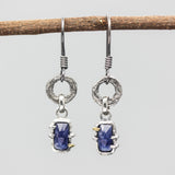 Rectangle rectangle kyanite earrings in silver bezel and prongs setting with silver texture circle loop on hooks style