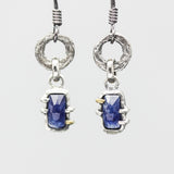 Rectangle rectangle kyanite earrings in silver bezel and prongs setting with silver texture circle loop on hooks style