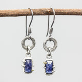 Rectangle rectangle kyanite earrings in silver bezel and prongs setting with silver texture circle loop on hooks style