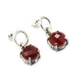Round faceted Carnelian earrings in silver bezel and prongs setting with circle loop on sterling silver stud style