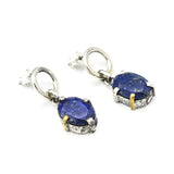 Oval fceted Lapis Lazuli earrings in silver bezel and prongs setting with circle loop on sterling silver stud style