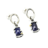 Rectangle faceted Blue Kyanite earrings in silver bezel and prongs setting with circle loop on sterling silver stud style