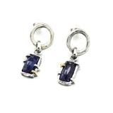 Rectangle faceted Blue Kyanite earrings in silver bezel and prongs setting with circle loop on sterling silver stud style