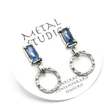 Rectangle Blue Kyanite earrings in silver bezel and prongs setting with circle loop on sterling silver stud style